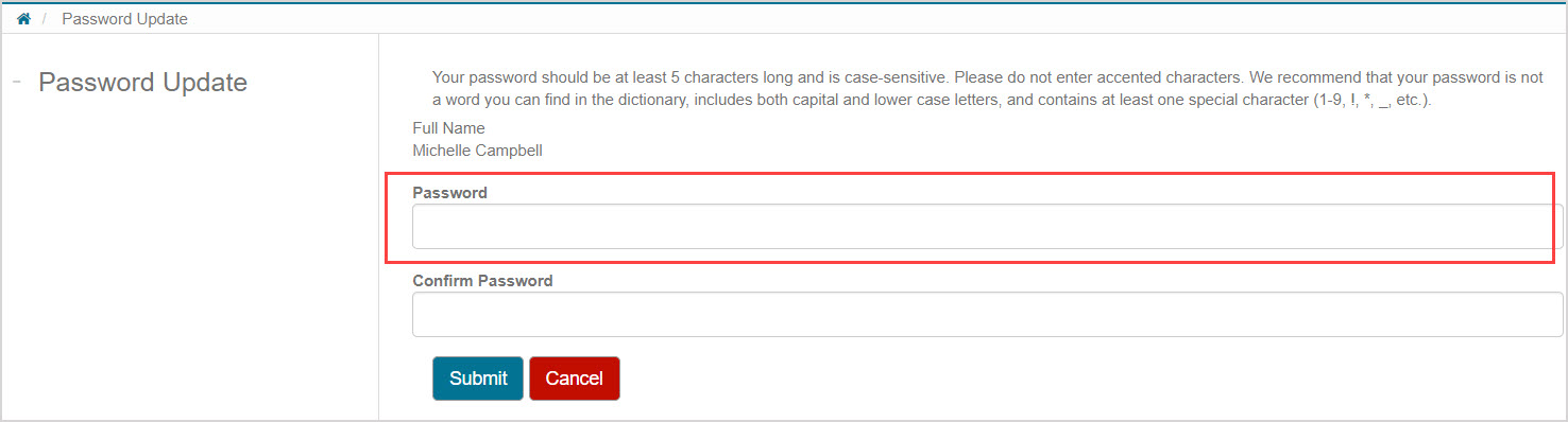 On the Password Update page, the user's name is printed under "Full Name", and the text field for Password is highlighted.